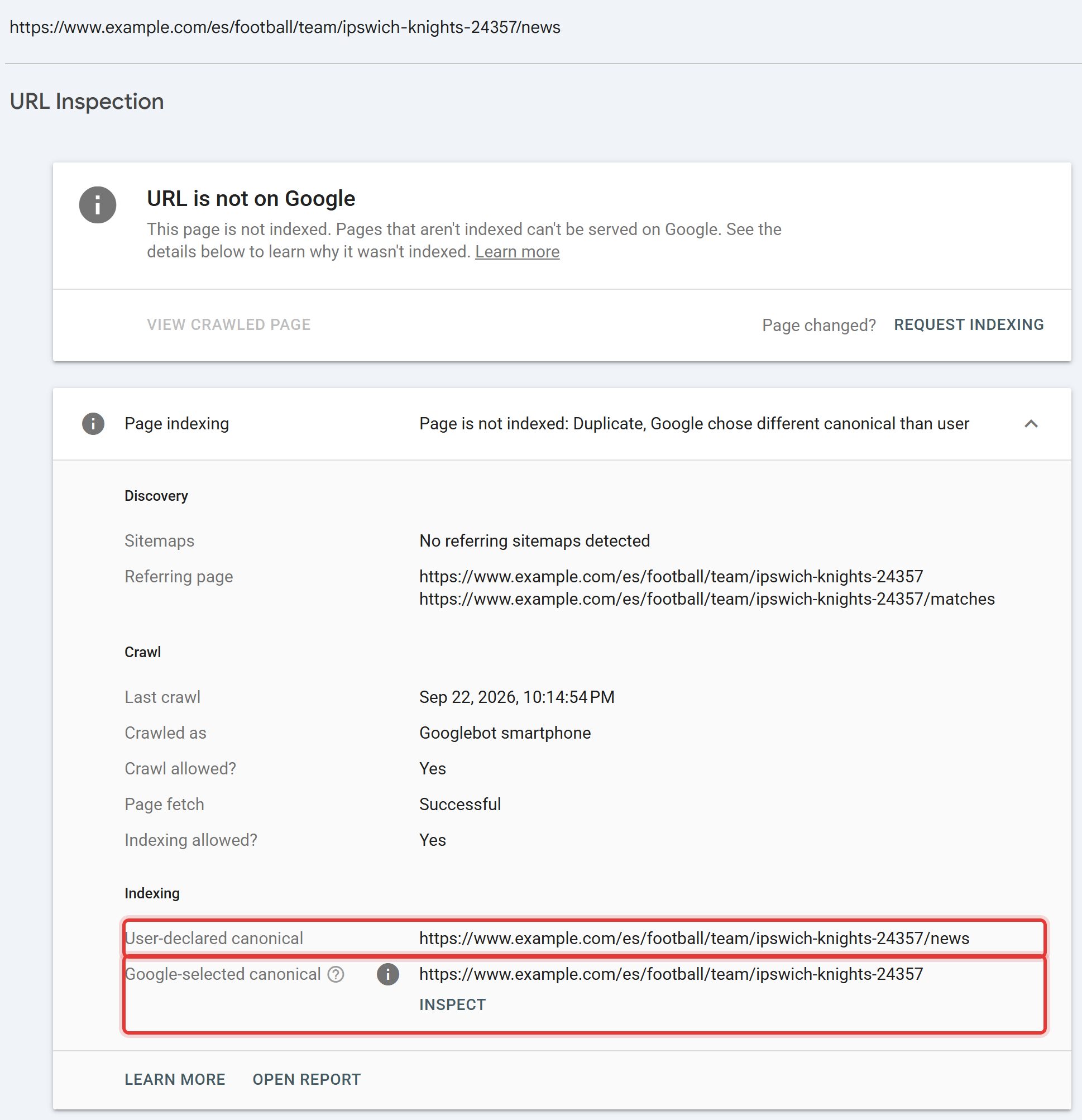 Search Console URL Inspection confirming a page was crawled as Googlebot Smartphone