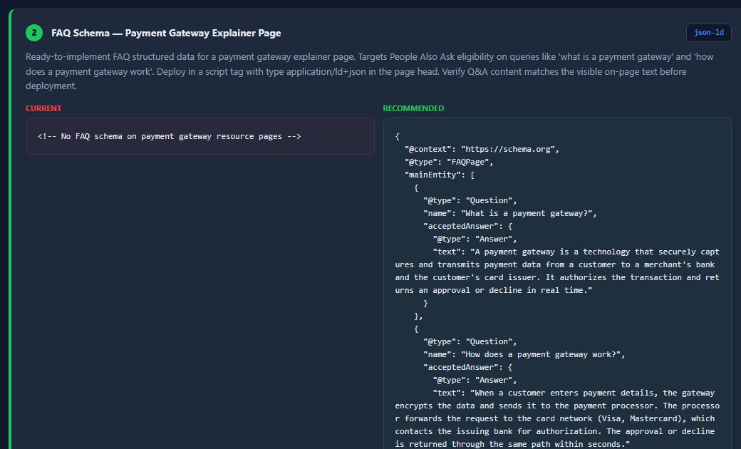 Ready-to-paste FAQ schema fix with current vs recommended JSON-LD code